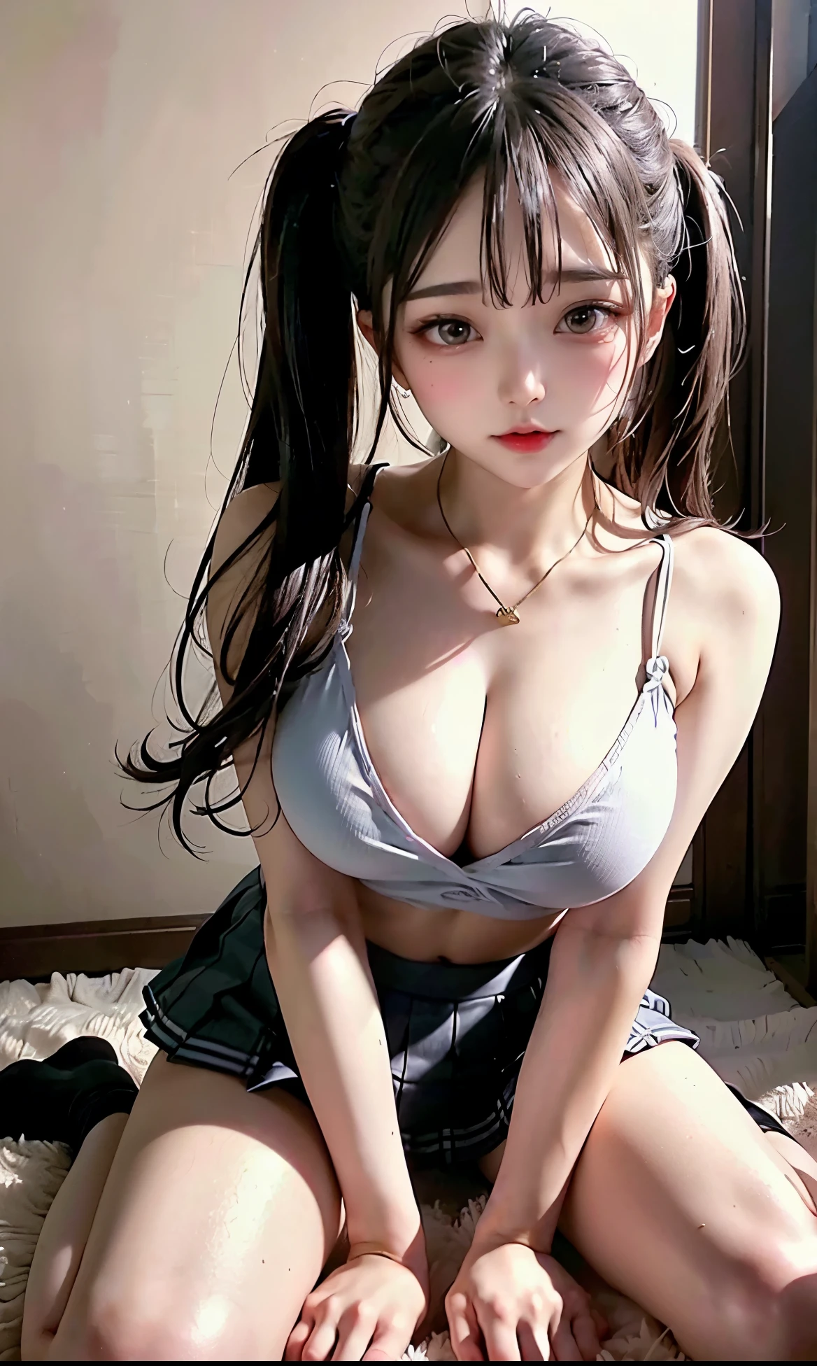 (very Bigger breasts),(((Lie on your back with your legs wide open))),(((Beautiful Large Breasts))),(((Grab your own chest)))()the Extremely Detailed CG Unity 8K Wallpapers,top-quality,ultra-detailliert,​masterpiece,realisitic,Photo Real,Bright lighting,extremely detailed cute girl,17 age,Innocent big eyes,A detailed eye,(brown haired,Twin-tailed),flawless skin,shinny skin,fair white skin,Fine skin,large full breasts,((perfect anatomia,nice hand,perfect hand,Five fingers connected to the palm of the hand,accurate hands without incongruity)),Pa 、(Japanese girls' high school uniform,pleatedskirt,black thighhighs,Black High Socks))((dynamicposes)))、、blazers,I'm wearing a white shirt and long tie.,Dark eyeliner,Korean Makeup,((Angle from diagonally above)),((seduces)),(((Big breasts that are about to burst))),(Very beautiful and detailed ),(Beautiful and taut buttocks),Female 1,Sitting,(( big boobs)),Big,on top of a pedestal,,((Beautiful white skin),))Flushed cheeks,(((Do not take off your shirt))),Frontal photography,(((school uniform Wearing))),Beautiful Girl High School Girl､stoop,Chest close-up、(((((Very great beauty)))))