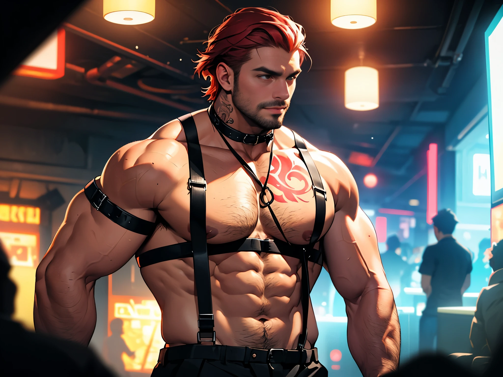 muscular man, hunk, red hair, a bit of tattoos, charming, attractive, kinky chest harness, neck strap, chest hair, in a underground club, club is fun, dark room, hot and steamy, crowded, environment is dark with high contrast, volumetric lighting, depth of field, best quality