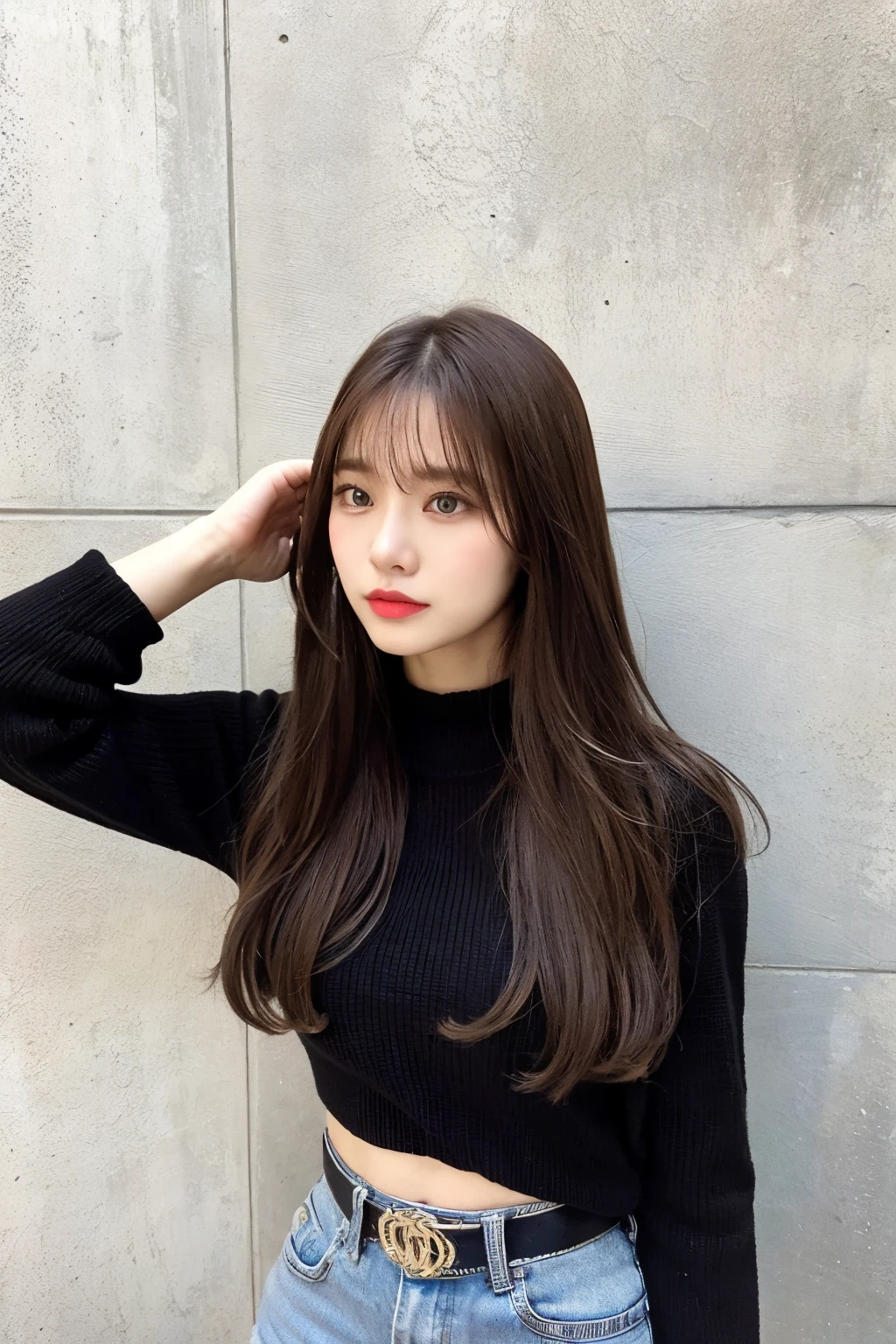 of the highest quality, 1 beautiful woman, 8, S, 35mm lens, F/1, Cowboy Shot, Concrete background、Tile background、Black knitwear、Light brown、tile wall,From below、Straight hair、Straight hair、