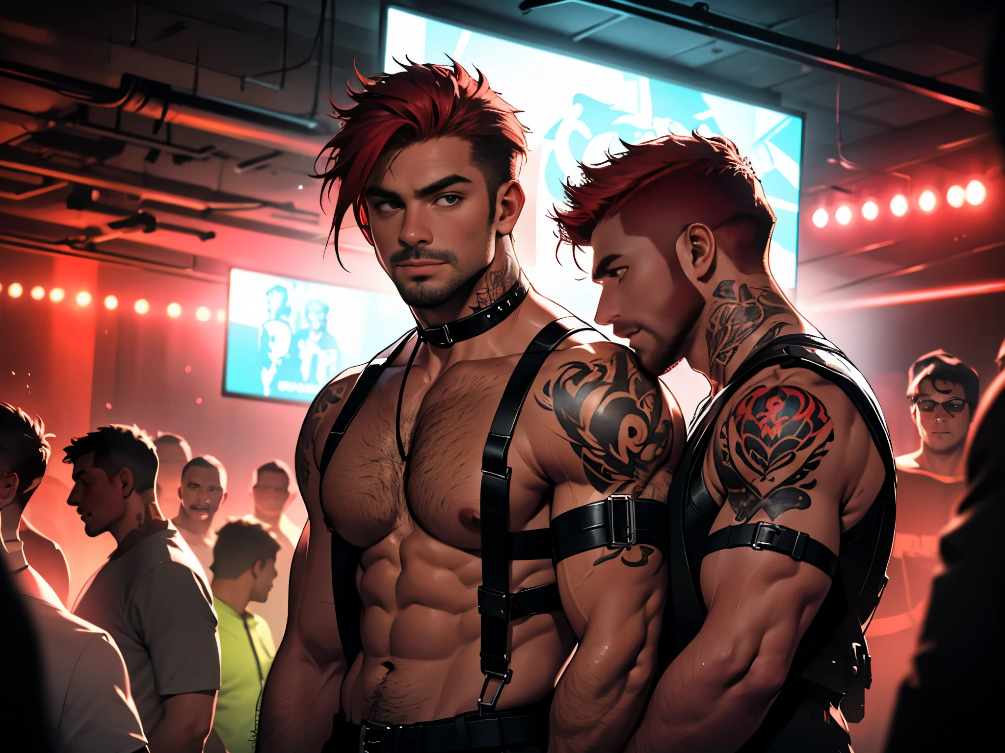 muscular man, hunk, red hair, a bit of tattoos, charming, attractive, kinky chest harness, neck strap, chest hair, in a underground club, club is fun, dark room, hot and steamy, crowded, environment is dark with high contrast, volumetric lighting, depth of field, best quality