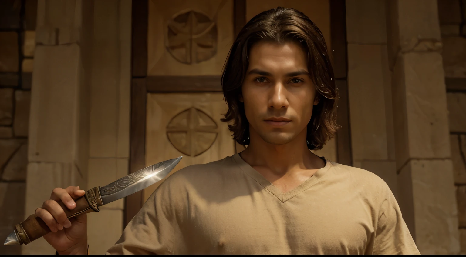 "man from ancient times, wearing a beige tunic, holding a knife, biblical times"