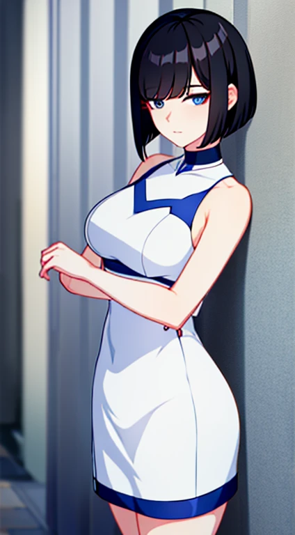 Adult woman, short black hair, bob hair, bob hairstyle, blue eyes, ??????????? dress, pomade, Masterpiece, high quality, standing against a wall, looking at viewer