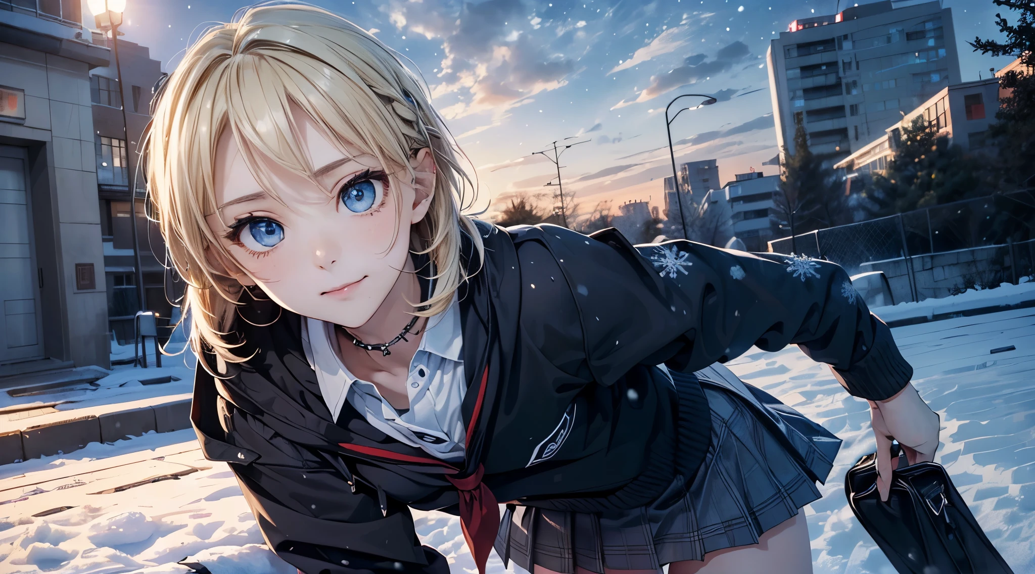 fullnude, masutepiece,8K,octans, Skysky, stele(Skysky), landscapes, starrysky, natta, looks at the camera, (Legs without stockings:1.iercing gaze, nigh sky, report, plein air, built, clouds, milkyway, 城市, silhuette, Cityscape,(Short, Low twin-tailed blonde hair:1.2), (Deep Blue Eyes:1.3, piercing gaze, small smile, (winter school uniform:1.1)