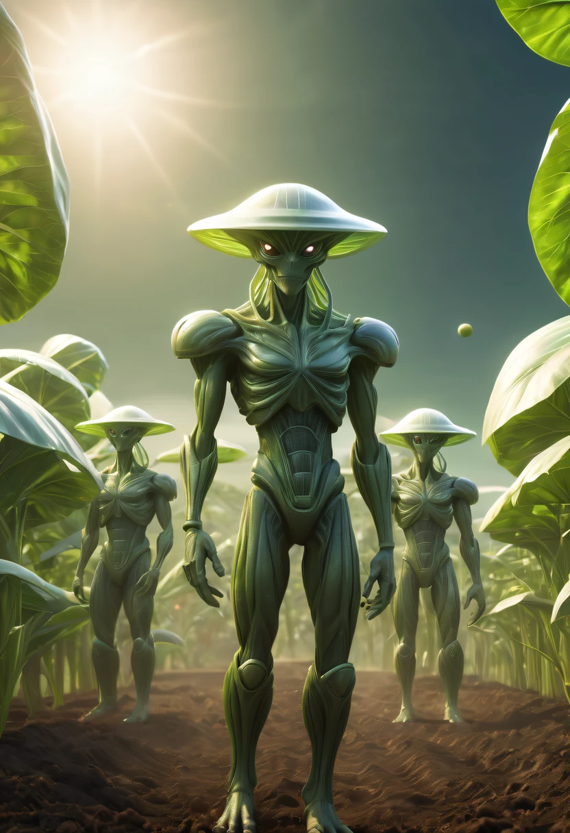 Alien farm life,Migrant farmers work happily,exotic crops,spacious farm,(labor scene:1.5)