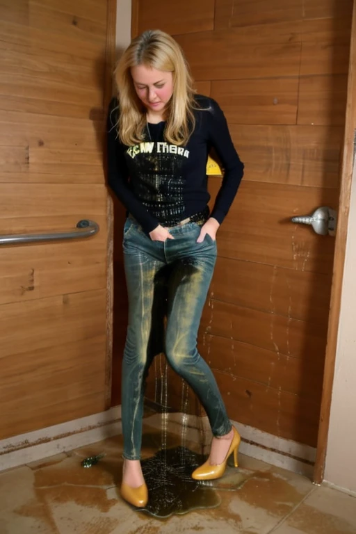 tall blonde woman, skinny jeans, heels, ((pee stain)), show heels, pee runs down legs of jeans, shins are soaked withe pee, shoes filled with pee