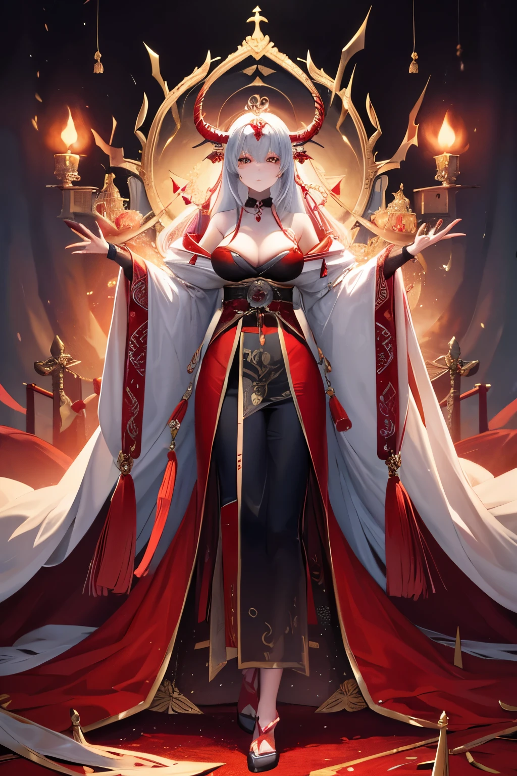 The Shrine Guardian as it is known is an entity that takes control of a host chaning its body into something more useful to it. It weilds greats magical powers as it is a spirit, many believe possible a demon. It is leader of a group called Forgotten Demons and seeks to remove the chains of the old world. They value power but also held elegant to a high degree. They design is inspired from Asia Myth strongly from Japan. They also known to be a puppet kind of master control those under its rule to do its bidding but not with force with mere ideas. The one telling is without its mask on the eyes are vastly different and said to be able price the souls of anything that lives. full body. shrine maiden clothing. japanese clothing. bare shoulder. cleavage. standing