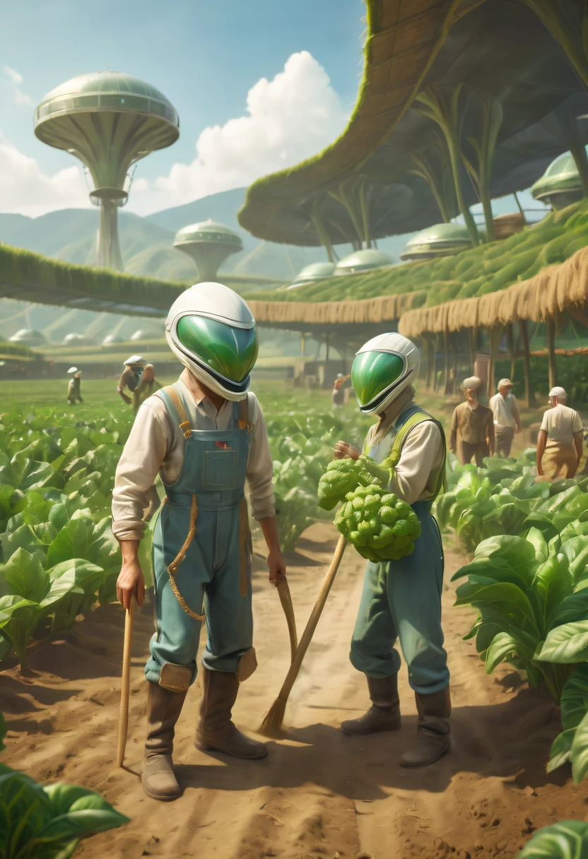 Alien farm life，Migrant farmers work happily，exotic crops，spacious farm，(labor scene:1.5)