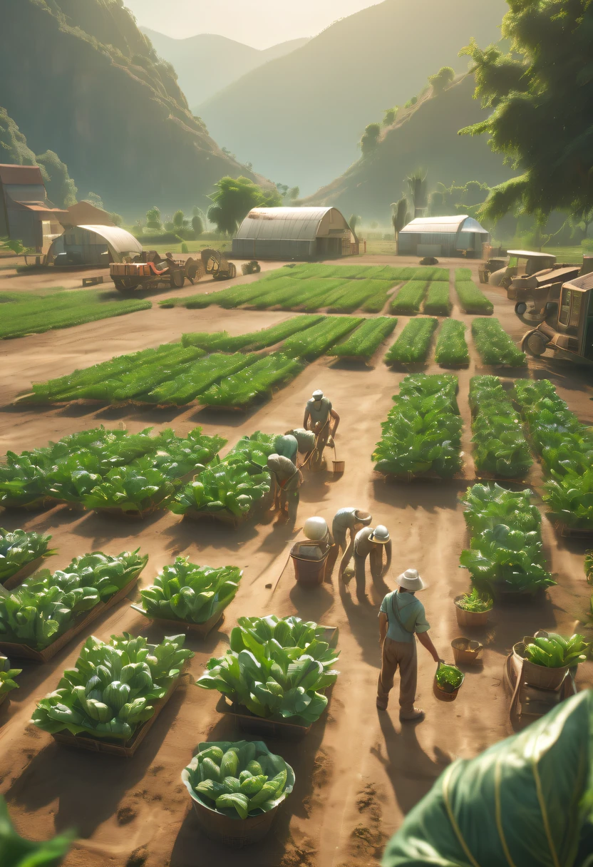 Alien farm life，Migrant farmers work happily，exotic crops，spacious farm，(labor scene:1.5)