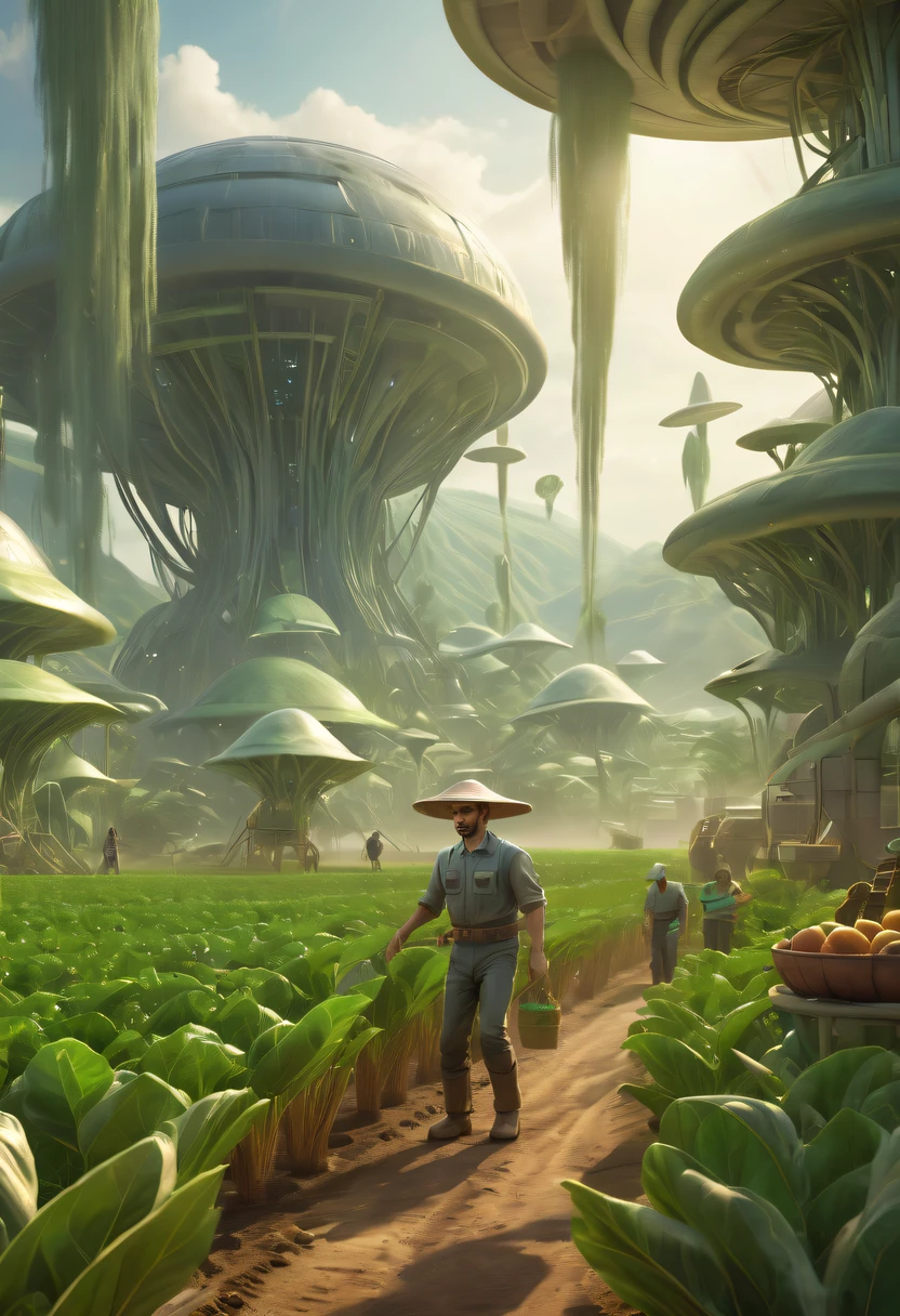 Alien farm life，Migrant farmers work happily，exotic crops，spacious farm，(labor scene:1.5)