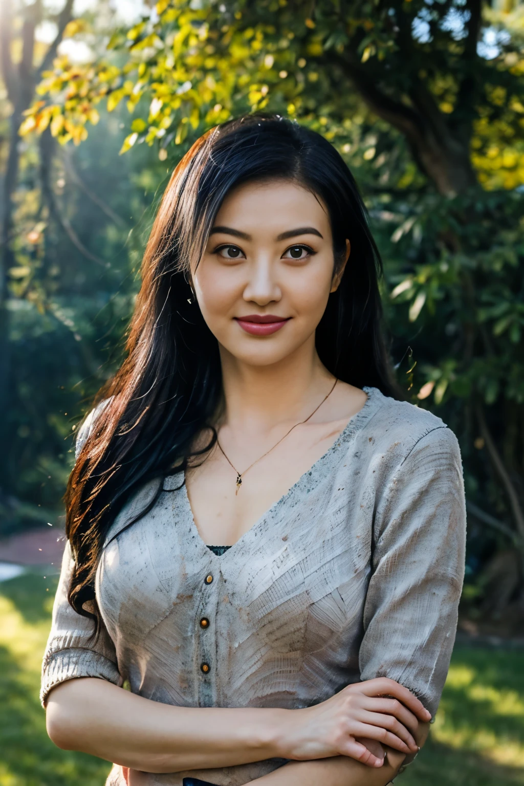 femele, Asian ancestry, Forest environment at noon, Cover your eyes with your hands, Shoulder-length black hair, White crewneck shirt, Pendant necklace, natural makeup. Photographed with a DSLR camera, Probably Canon/Nikon, ISO 100, Aperture F/2.8 for subject focus and background bokeh, Fast shutter speed, Overhead sunlight creates soft shadows and dappled light effects, Set white balance for daylight to capture true colors, Tall eucalyptus trees and soft focus greenery in the background.