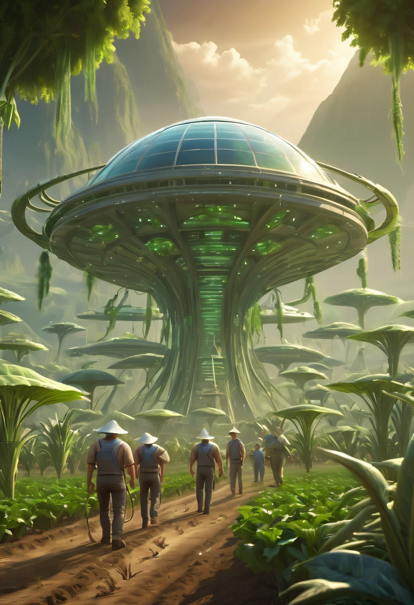 Alien farm life，Migrant farmers work happily，exotic crops，spacious farm，(labor scene:1.5)