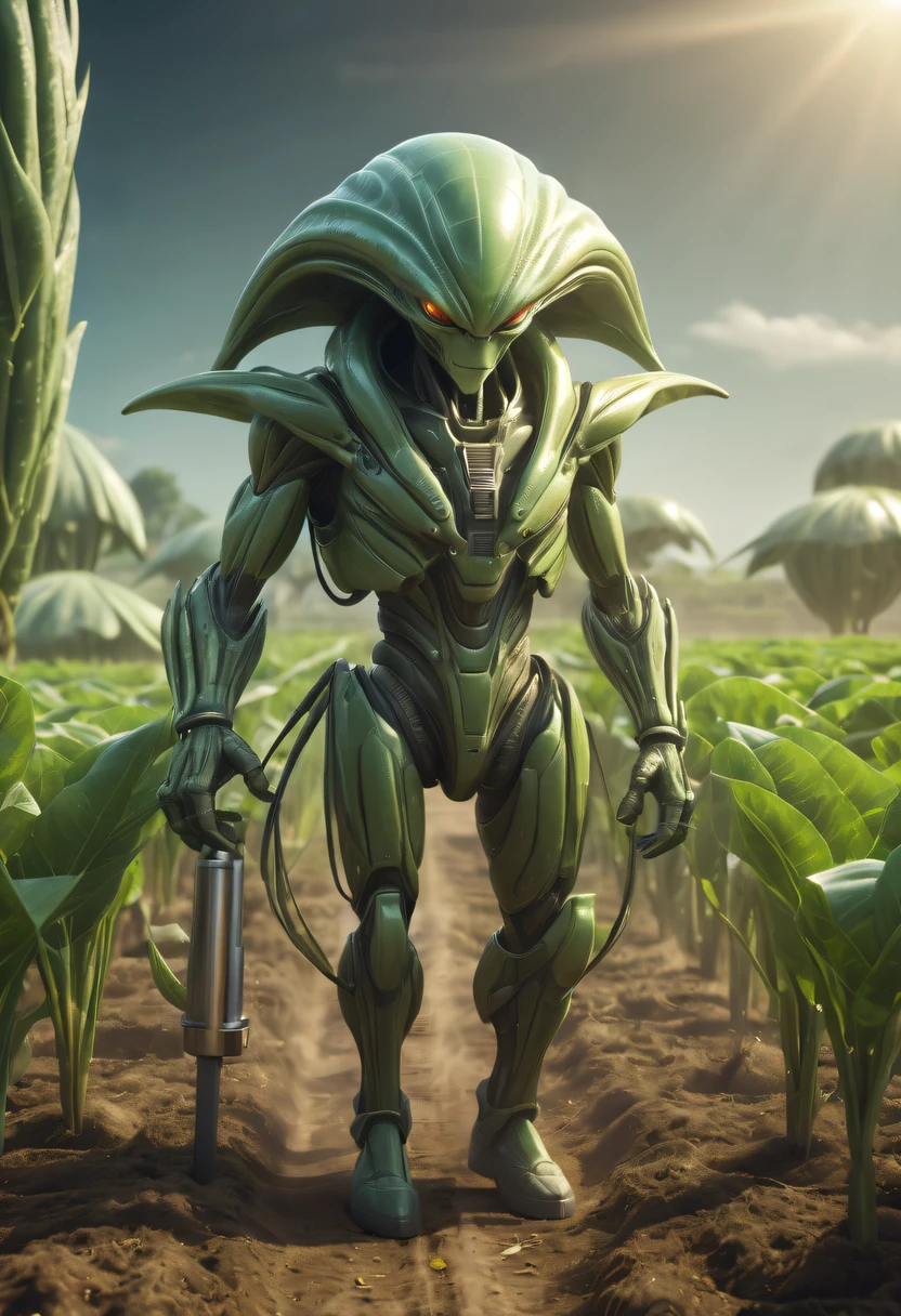 Alien farm life,Migrant farmers work happily,exotic crops,spacious farm,(labor scene:1.5)
