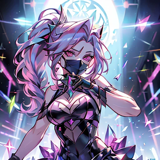 A girl, Vermilion hair, idle, Singer, Crystal hair, face mask, daggers in their hands, emerald eyes, on the stage, Neon, kda, Braided hair