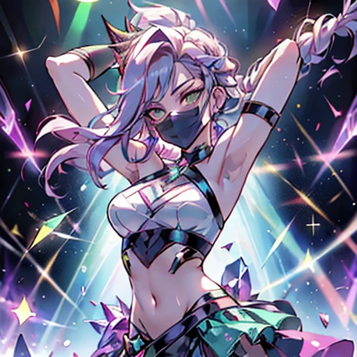 A  girl, Vermilion hair, idle, Singer, Crystal hair, face mask, daggers in their hands, emerald eyes, on the stage, Neon, kda, Braided hair