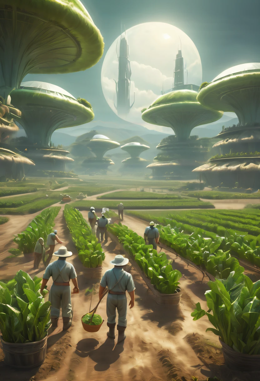 Alien farm life,Migrant farmers work happily,exotic crops,spacious farm,(labor scene:1.5)