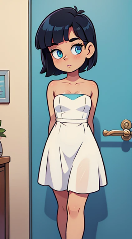 short black hair, bob hair, bob hairstyle, blue eyes, strapless, bare shoulders, bare arms, hands down, tight white dress, short white dress, pomade, Masterpiece, high quality, standing against a wall, looking at viewer, half body