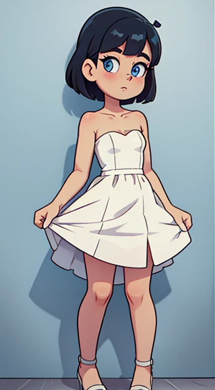 short black hair, bob hair, bob hairstyle, blue eyes, strapless, bare shoulders, bare arms, hands down, tight white dress, short white dress, pomade, Masterpiece, high quality, standing against a wall, looking at viewer, half body