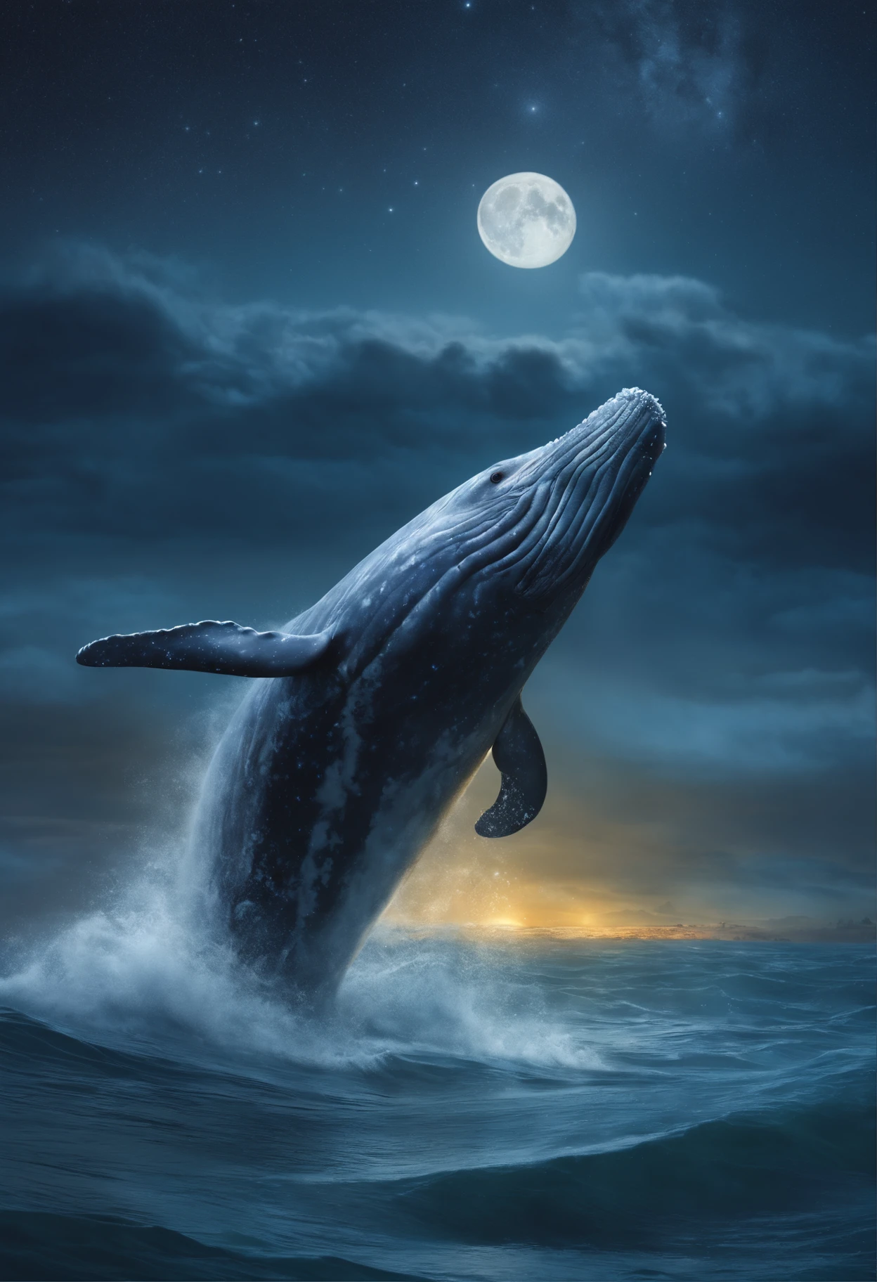 Huge gray whale, full moon, a starry sky, Raging Ocean, Magnetic storms, Jean-Baptiste Monge, anthropomorphic --ar 2:3 --testp -optimistic;