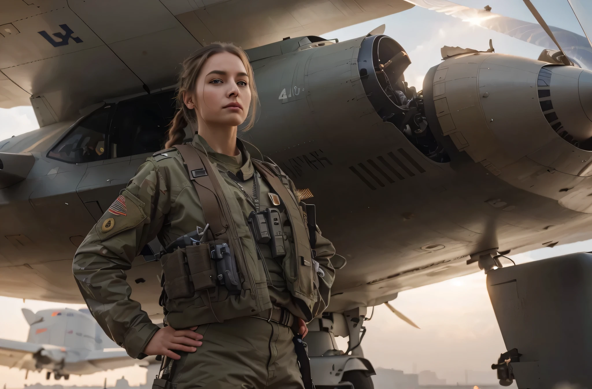 Mujer soldado muy hermosa, British characteristics, piel blanca, Light brown hair pulled back into a ponytail, Airplane pilot military uniform., Pipes, Cables, Belt with ammunition, Arms crossed behind the back, Fondo de la imagen, Aviones militares modernos., stealth plane, 4k, Ultra detallado image, realista, Altamente detallado, perfect composition, splendid, Intrincadamente detallado, Incredibly detailed, 8 k artistic photography, hiper detallado, Obra maestra, Ultra detallado, Hyper realista, 4k, Ultra detallado image, realista , Altamente detallado, perfect composition, splendid, Intrincadamente detallado, Incredibly detailed, 8K fine art photography, hiper detallado, Obra maestra