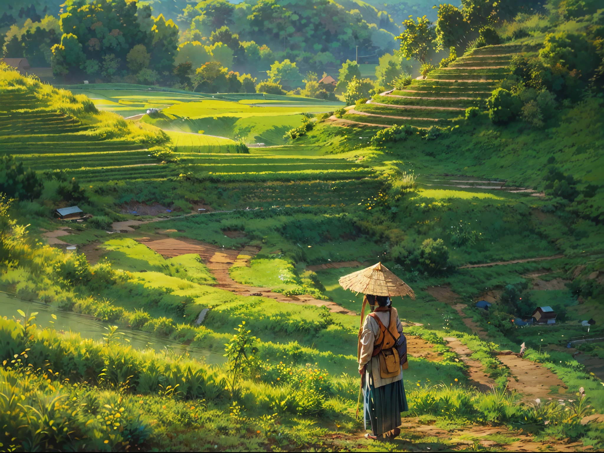 (best quality,4k,8k,highres,masterpiece:1.2),ultra-detailed,(realistic,photorealistic,photo-realistic:1.37),stunning, vibrant colors,farm life,scenic Southeast Asia stairs field,farmer working diligently,traditional Vietnamese farmer attire,natural sunlight illuminating the scene,colorful chickens happily pecking the ground,authentic Vietnamese rural setting,lush green rice terraces stretching into the distance,serene and picturesque landscape,peaceful and harmonious atmosphere,farmer's hardworking spirit,traditional farming techniques passed down through generations,cultural richness and heritage of Vietnam,meticulously detailed steps of the stairs field,subtle texture of the terraced fields,layered composition of the agricultural landscape,charming and idyllic countryside scene,immersive view of the rustic scenery,rich cultural context of Southeast Asia,Vietnamese craftsmanship and agricultural traditions shining through,authentic portrayal of the farmer's daily life,diligent caretaker of the land,stunning visual storytelling,emotionally captivating artwork,mesmerizing perspective capturing the essence of the moment,awe-inspiring depiction of the Southeast Asian farming community,inspiring and thought-provoking artwork,immersive and evocative piece of Southeast Asian art,exquisite attention to detail,showcasing the natural beauty and simplicity of rural life,meticulous craftsmanship and precision in each brushstroke,compelling narrative that sparks curiosity and imagination,stunning play of light and shadow across the scenery,evoking a sense of tranquility and serenity,embodying the timeless beauty of Southeast Asia's agricultural landscapes,inviting viewers to experience the charm and authenticity of Vietnam's countryside.