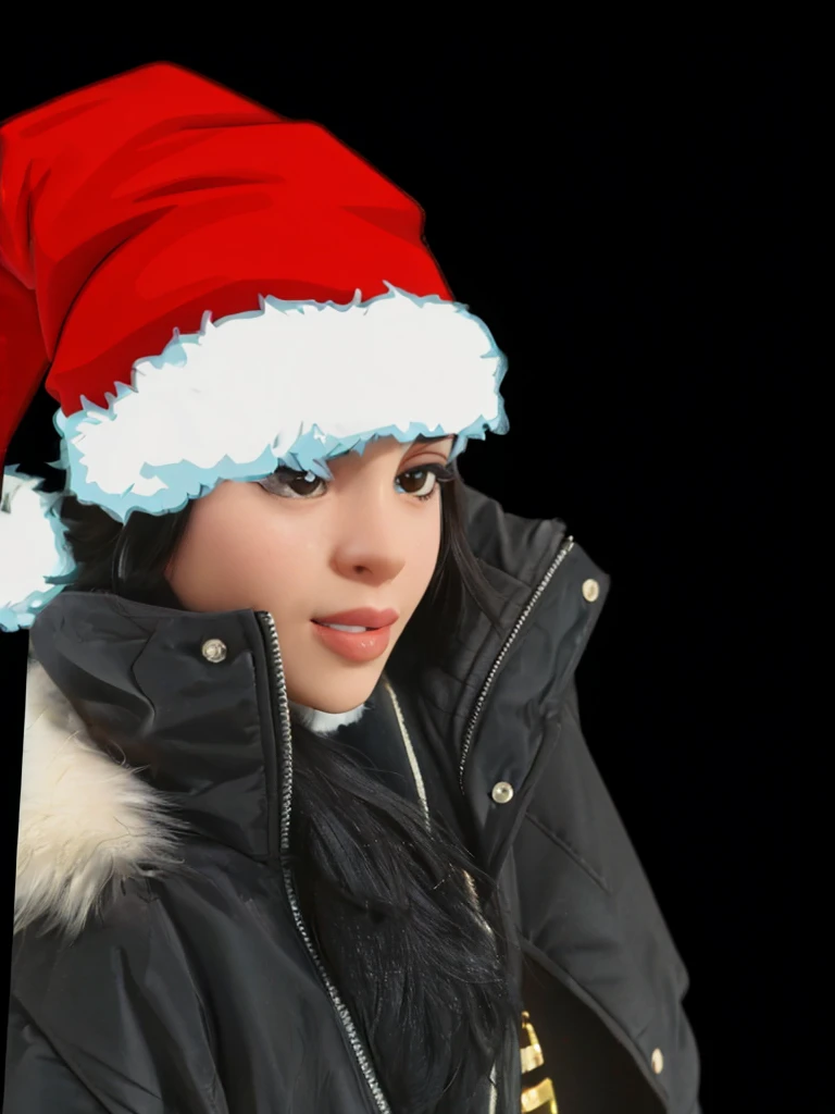 Mujer de piel morena latina, with a Santa hat,  un abrigo de invierno color negro  , sentada de perfil y en el background images de navidad