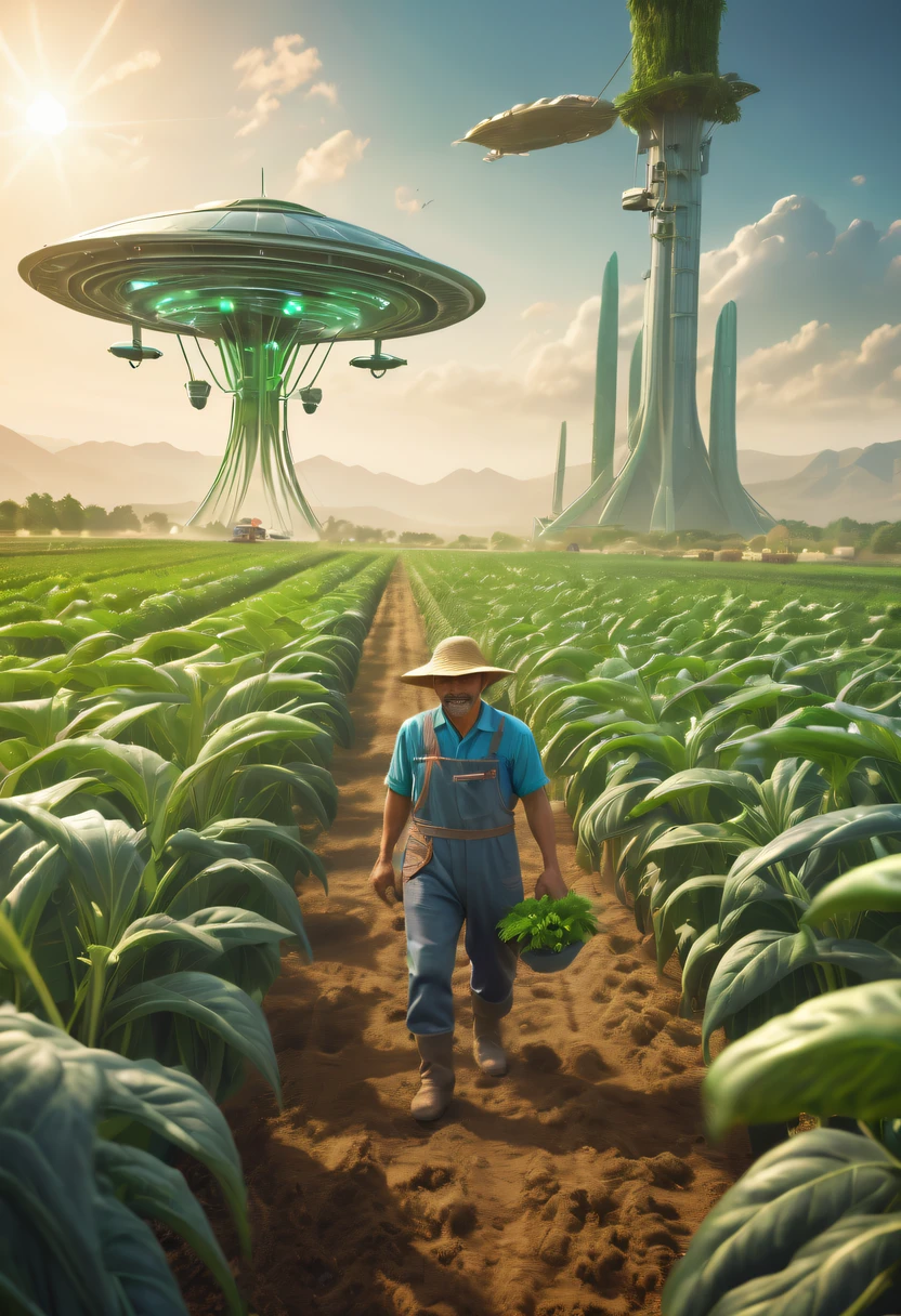 Alien farm life,Migrant farmers work happily,exotic crops,spacious farm,(labor scene:1.5)