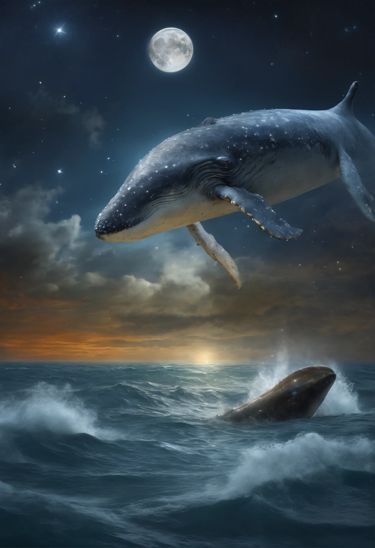 Huge gray whale, full moon, a starry sky, Raging Ocean, Magnetic storms, Jean-Baptiste Monge, anthropomorphic --ar 2:3 --testp -optimistic;