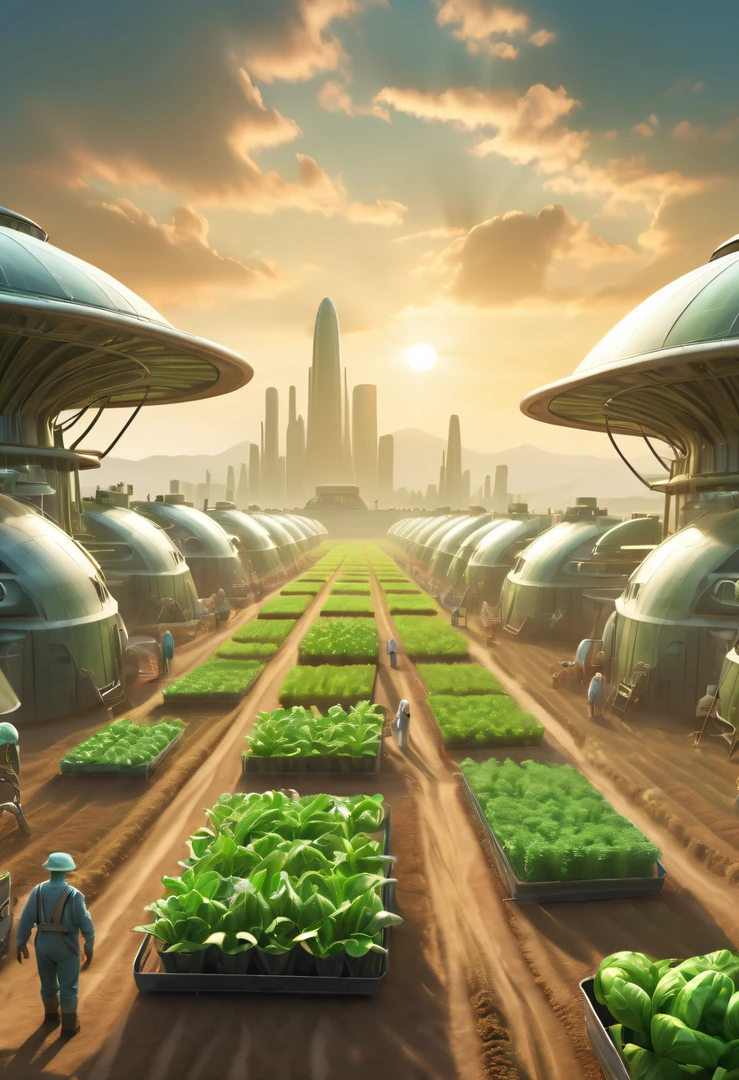 Alien farm life，Migrant farmers work happily，exotic crops，spacious farm，(labor scene:1.5)