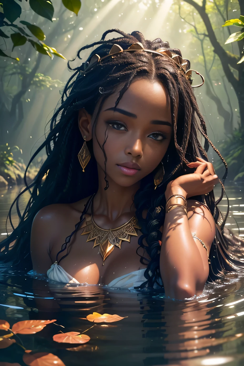 a river godessw, (8k, RAW photo, top quality, masterpiece: 1.2), (realistic, photorealistic: 1.37),, wet hair, wet face, wet clothing, beautiful,(a view from below that shows a river black african american godess head out of water in the river and in the background the magical forest in the water, diving, submerged, woods, night, rain, wet, sunbeams, professional lighting, , crown of branches, leaves, water, natural pond, stones, physicased rendering, beautiful, high quality photo, high resolution, 1080p, (clear face), (detailed facial description), (detailed hand description), (masterpiece), (elaborate CG), extreme light and shadow, wet hair, masterpiece, rich detailine facial features), (highest quality photo), (masterpiece), (detailed eye), look in front of your eyes, kissing face, attractive african goddess woman , dark skin, extreme long curly messed hair, tied hair with hair band, , only head