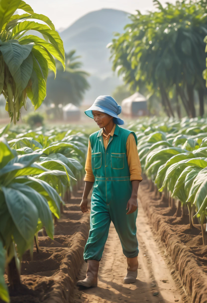 Alien farm life，Migrant workers work happily，exotic crops，spacious farm，(labor scene:1.5)