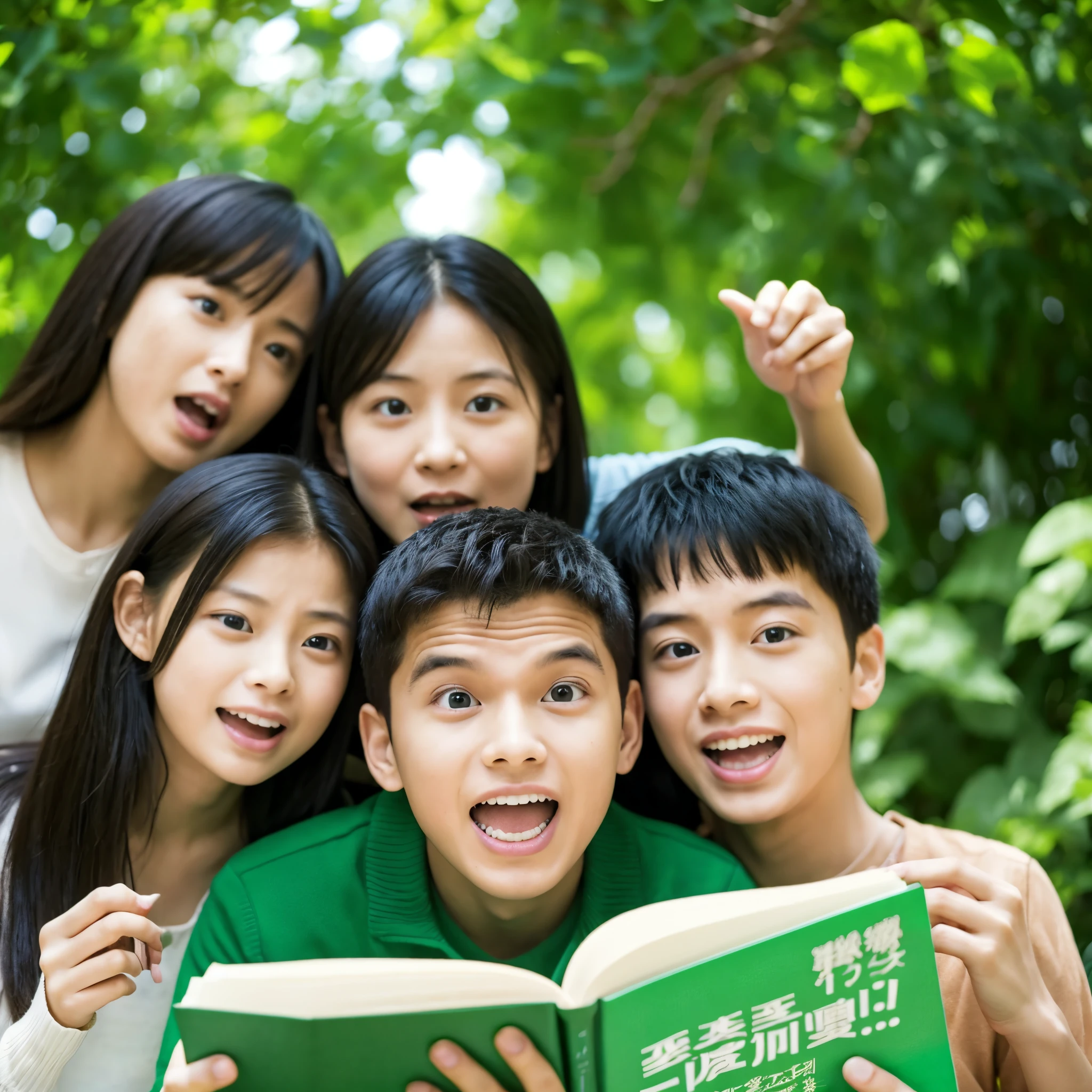 Family of 4 people、Let'everyone looks at the book、shocking fact、everyone looks surprised、green background:1.5