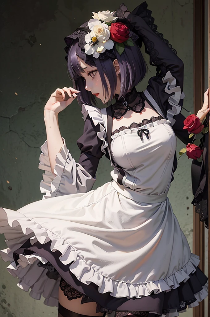 (((Young White Woman))), ((Best Quality)), ((Masterpiece)), (Detail: 1.4), MarinLora, blush, short hair, black hair, hair ornament, thighhighs, long sleeves, dress, purple eyes, purple hair, flower, pantyhose, hairband, frills, hair flower, wide sleeves, apron, black dress, cosplay, rose, floral print, lace, ****ta fashion, gothic ****ta (High dynamic range)