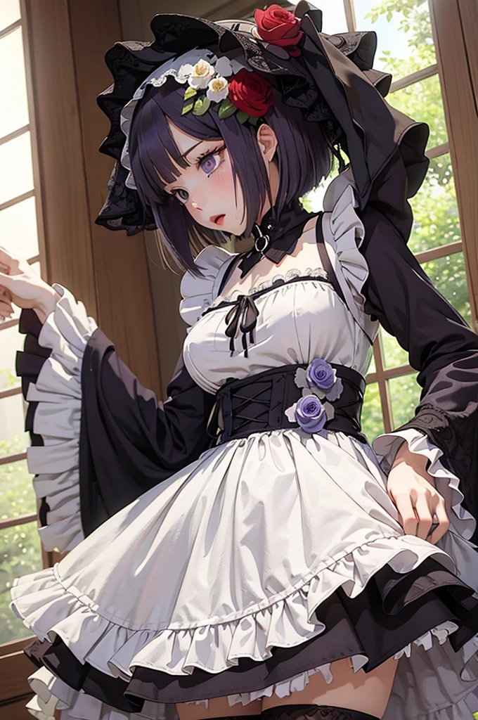 (((Young White Woman))), ((Best Quality)), ((Masterpiece)), (Detail: 1.4), MarinLora, blush, short hair, black hair, hair ornament, thighhighs, long sleeves, dress, purple eyes, purple hair, flower, pantyhose, hairband, frills, hair flower, wide sleeves, apron, black dress, cosplay, rose, floral print, lace, lolita fashion, gothic lolita (High dynamic range)