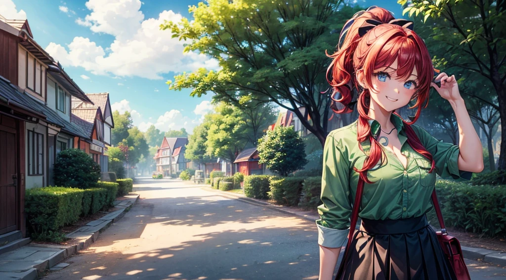 1girl, full body, solo, village, trees, sun, clouds, ((colorful hair)), long hair, curly hair, ponytail, large breasts, button down shirt, ((green shirt)), ((unbuttoned shirt)), blue eyes, ((short sleeved shirt)), ((red and black skirt)), grin, looking at the viewer, ((standng)), hair ribbon, shoulder bag