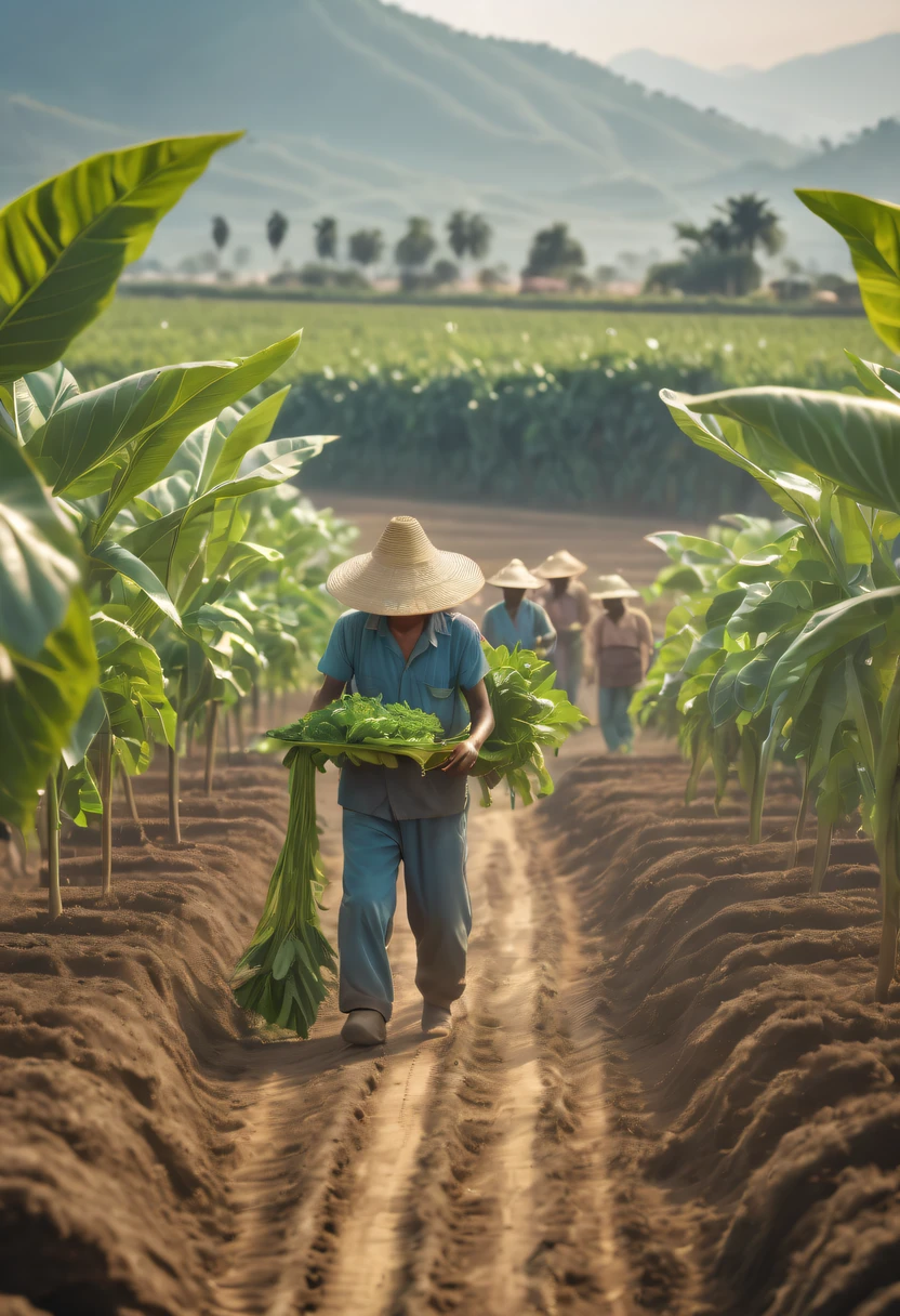 Alien farm life,Migrant workers work happily,exotic crops,spacious farm,(labor scene:1.5)