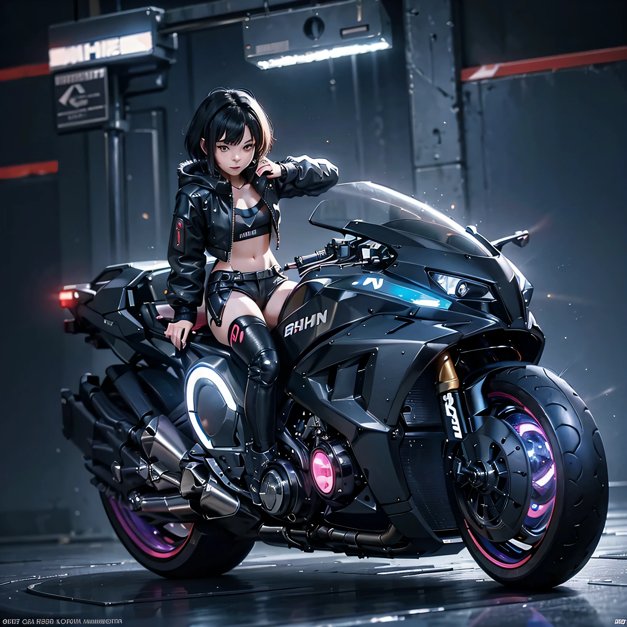 absurderes, absolutely resolution, incredibly absurderes, hight resolution, ultra-detailliert, Official art, Unity 8k壁纸, (blazing:1.4), BREAK 1 girl, saw, Short hair, Black hair, Cyber Costume, Fur jacket, gray shirt, neon light costume, long boots, cyber belt, (blazing clothes:1.4), BREAK (Cyberpunk:1.2), Science fiction, Cyber City, neon light, Night, high place, BREAK carry white big suck, carry a large gift box, BREAK riding cyber motorcycle, the Ferris wheel, high speed, SPEEDLINE,