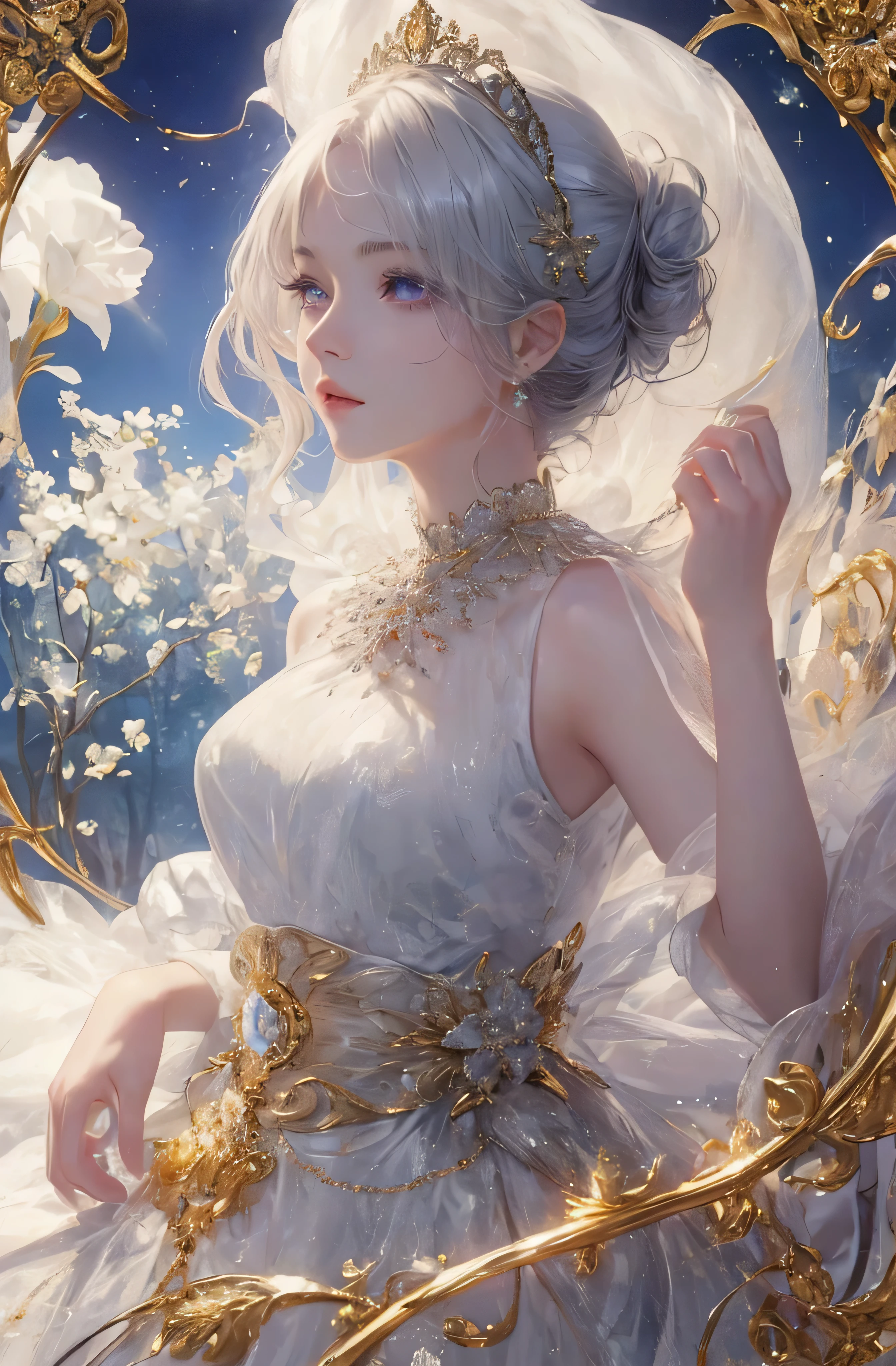 The upper part of the body、The face is front、profile、8K、realphoto、超A high resolution, Master Parts, Best Quality, nffsw , cinematic images,Lovely girl、ann、16 only、annグロサクソン、二重まぶた、drooing eyes、Very big eyes、Eyes purple、Dark eye shadow、The lips are very thin、The tip of the nose stretches beautifully.......................................、the tip of the nose is small,,,,, ighly detailed , Silver hair、Straight short hair、ssmile、 Sweet look 、a very beautiful woman、legs are long、 Very clear shadows , jewely , A sexy , A detailed eye, very intricate, shiny skins , パーフェクトブリリannト, Perfect Lighting, Dramatic shadows、White tiara on head、Gold necklace around the neck、White aristocratic dress with gold embroidery、