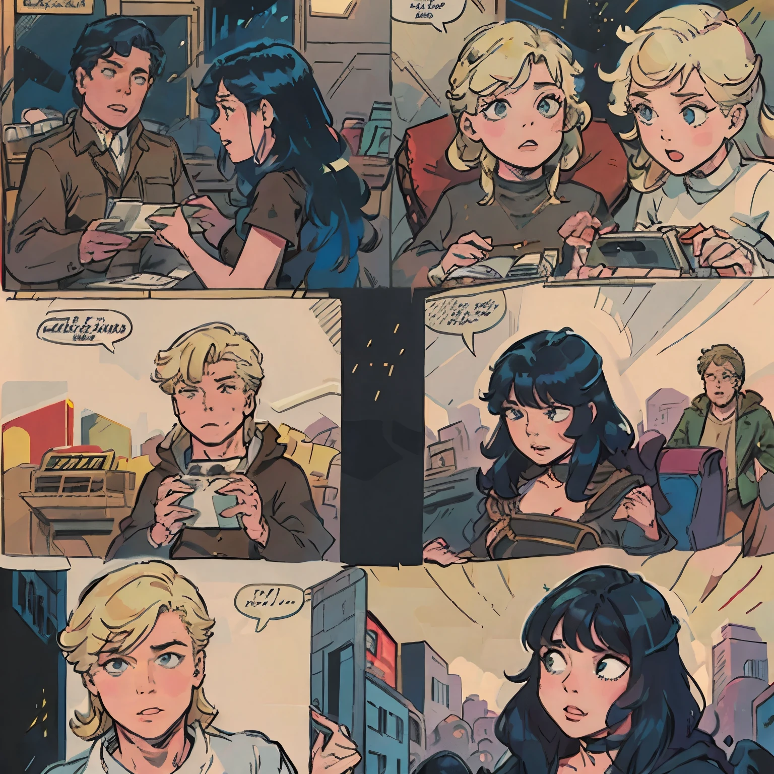 Storyboard Blonde man; black-haired woman; in the cinema; two comics