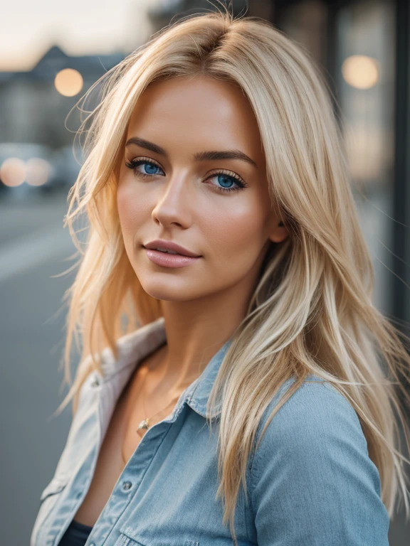 Photorealistic of an incredibly beautiful woman with windy and messy blonde hair, Dans le style de Panasonic Lumix S Pro 50mm F/1.4, light beige and dark azure, Celebrity Image Mashups, Soft Realism, Barbiecore, Unreal Engine 5, 32k UHD, Luminous quality, Swiss Realism, Niji 5