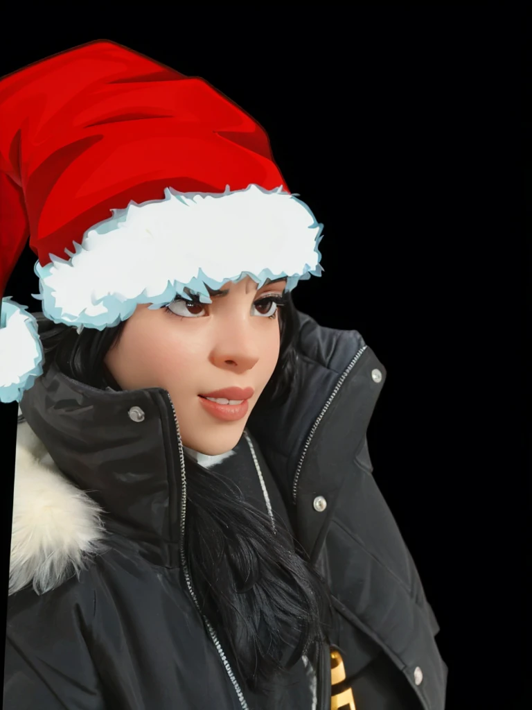 Mujer de piel morena oscura latina, with a Santa hat, un abrigo de invierno color negro , sentada de perfil y en el background images de navidad