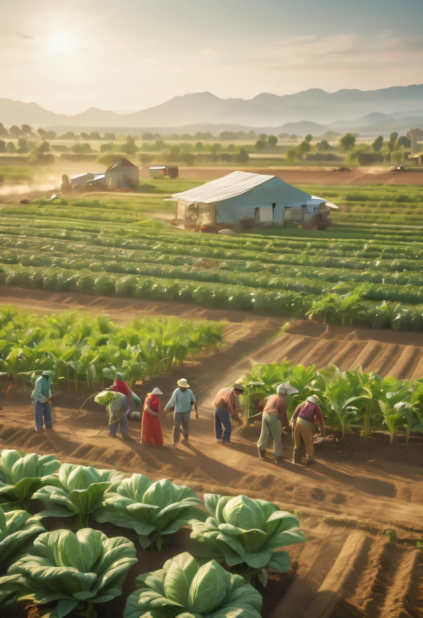 Alien farm life,Migrant workers work happily,exotic crops,spacious farm,(labor scene:1.5)