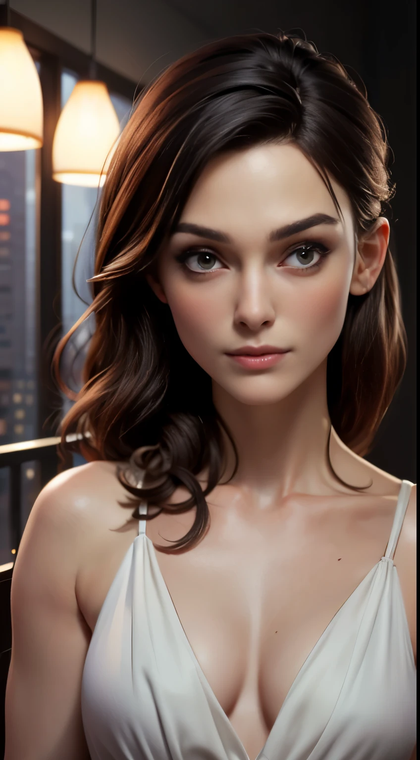 photo of Keira Knightley, RAW, beautiful woman, ((portrait)), ((detailed face:1.2)), ((detailed facial feature, detailed skin, clear skin), (perfect proportioned body, medium breasts), (wearing a cocktail dress) (high detailed city environment, apartment balcony), (realistic photo, best quality, detailed), (8k wallpaper), (cinematic lighting, dramatic lighting) (sharp focus, intricate)