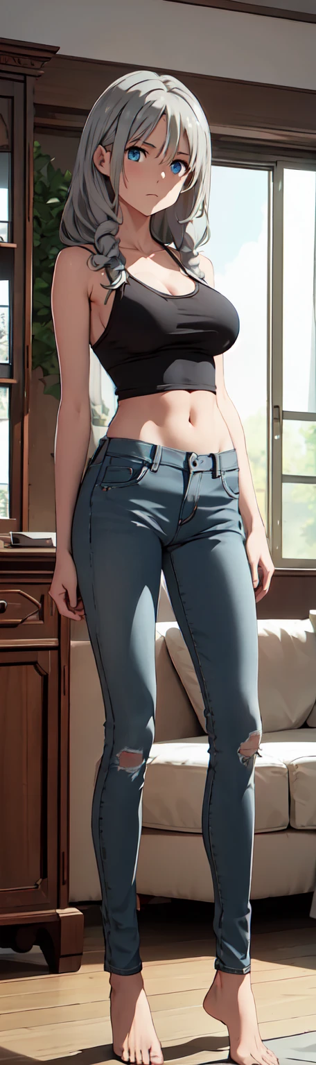 Meisterwerk,Atemberaubend realistisch, best quality, Sharpness, kokoro,1 girl,grey hair,blue eyes,large boobs,standing in a livingroom, arms behind back,tanktop,skinny jeans