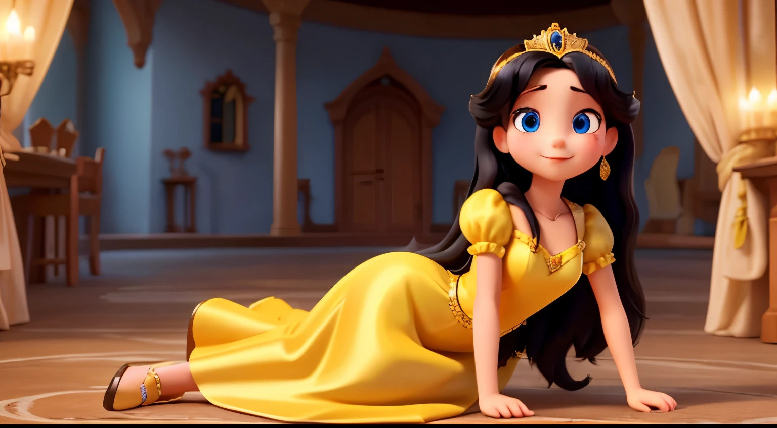 The good princess has long black hair, blue eyes, fair skin, and wears a very modest yellow dress. She is putting on a glass slipper
