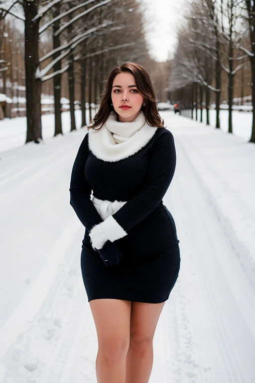Photographie d&#39;une femme, belle), peau blanche, cheveux court noir, yeux parfaits noisette, curvy avec des rondeurs 168m 80kg ,porte tenues d hivers