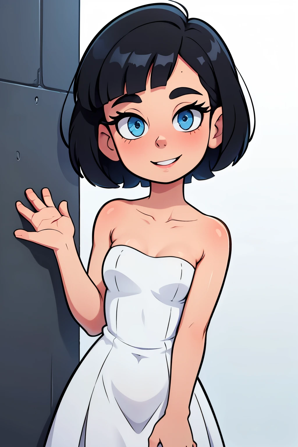 Teenager, short black hair, bob hair, bob hairstyle, blue eyes, strapless, bare shoulders, bare arms, hands down, tight white dress, short white dress, pomade, Masterpiece, high quality, smile, close up, standing against a wall, looking at viewer, half body
