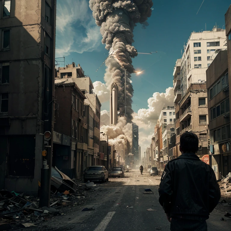 The image depicts an apocalyptic street, with tall, worn-out buildings. In the sky, a rocket cuts through the atmosphere. On the street, a boy, wearing old, torn clothes, watches the rocket with a mix of admiration and curiosity. The environment reflects a scenario of decadence, suggesting a world on the verge of collapse.