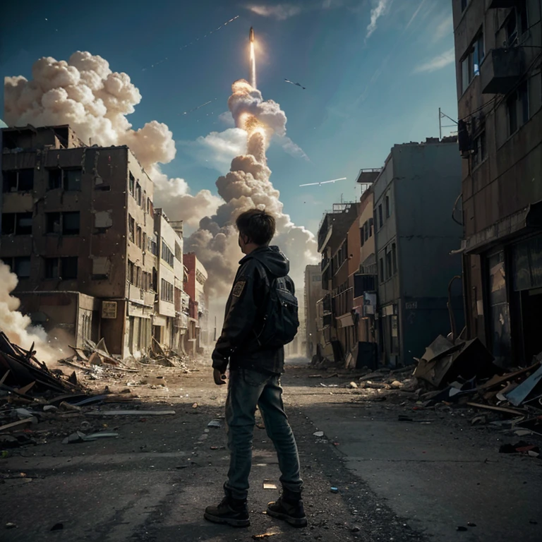 The image depicts an apocalyptic street, with tall, worn-out buildings. In the sky, a rocket cuts through the atmosphere. On the street, a boy, wearing old, torn clothes, watches the rocket with a mix of admiration and curiosity. The environment reflects a scenario of decadence, suggesting a world on the verge of collapse.