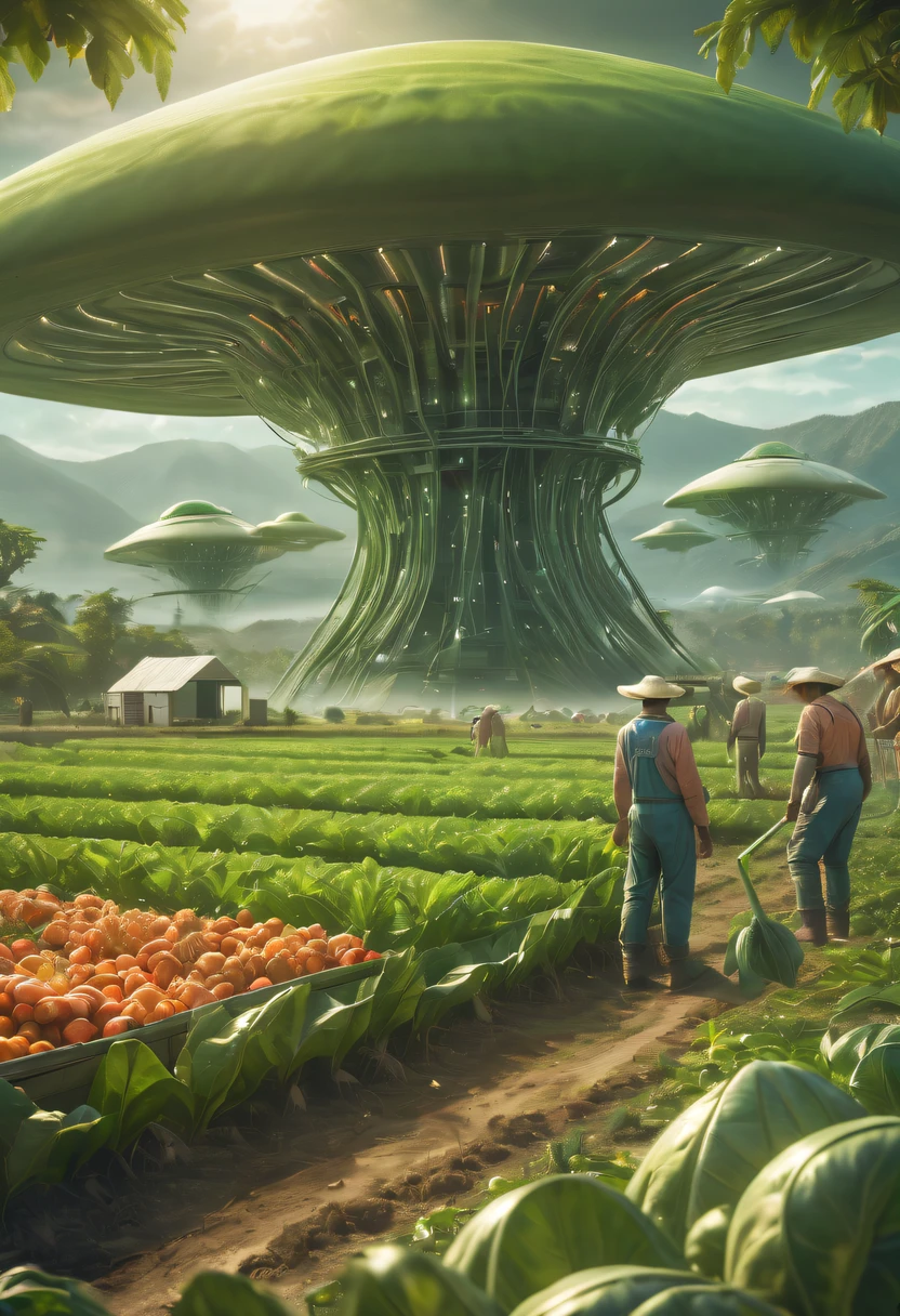 Alien farm life，Migrant farmers work happily，exotic crops，spacious farm，labor scene