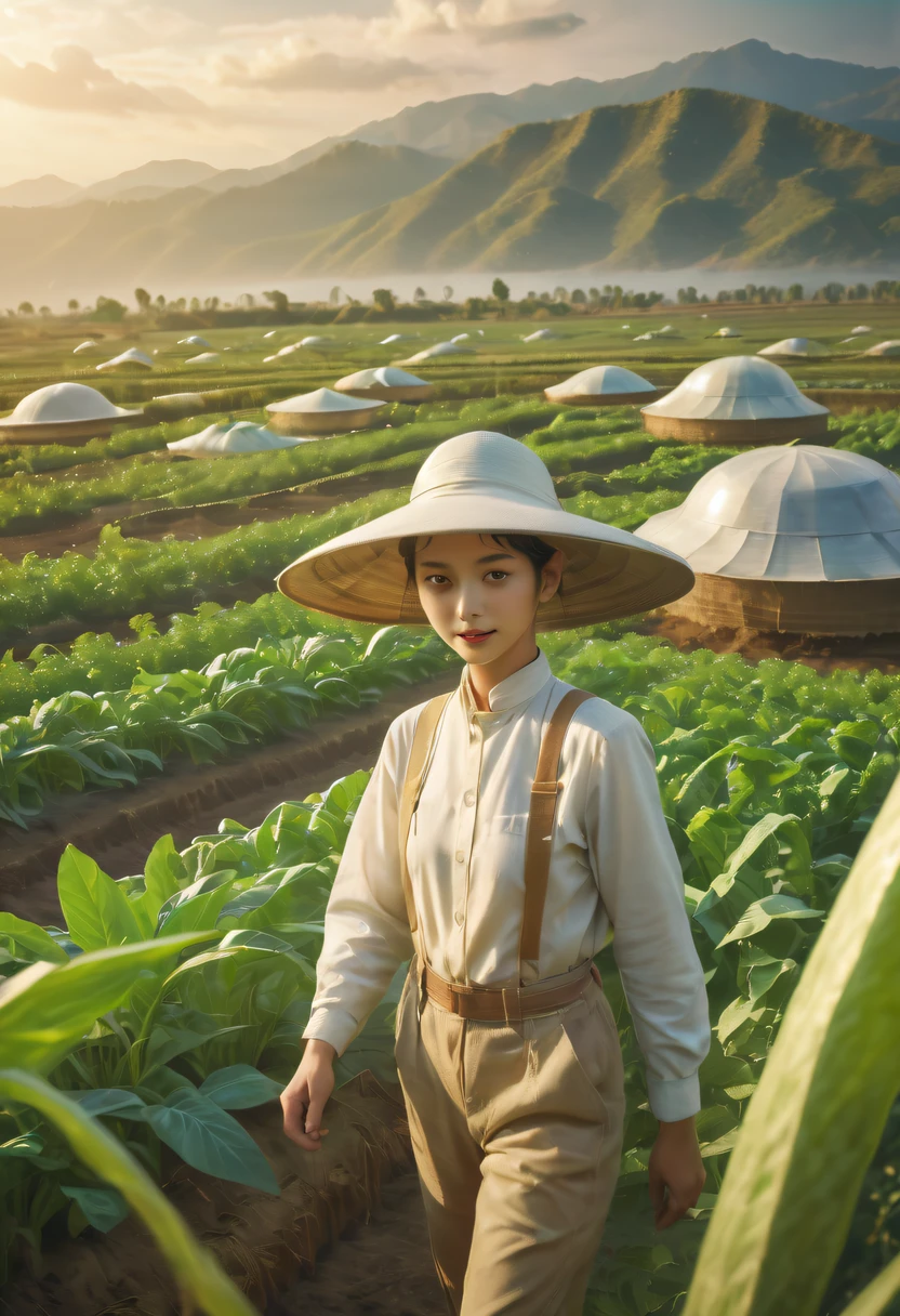Alien farm life,Migrant farmers work happily,exotic crops,spacious farm,labor scene